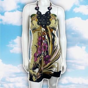 HALE BOB Tropical Crochet Silk Halter Mini Dress Indie Sleaze Coyote Ugly Y2K